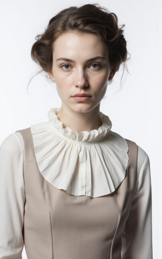 A French female model wearing a dress with a Gathered   and   pleated collar, white background, front   facing bust portrait
